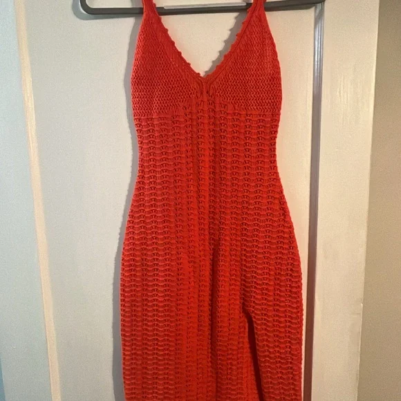 Winfred Red Crochet Midi Dress • Side Slit • Size XS/Small - Picture 2 of 9